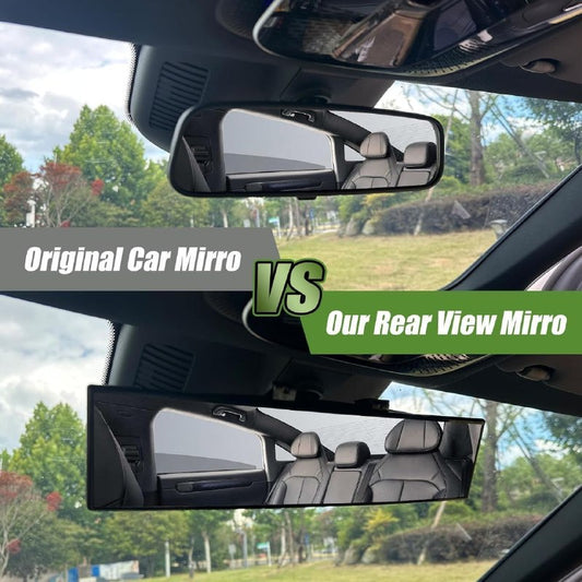 Standard car mirror view compared with the wider HaloView mirror view