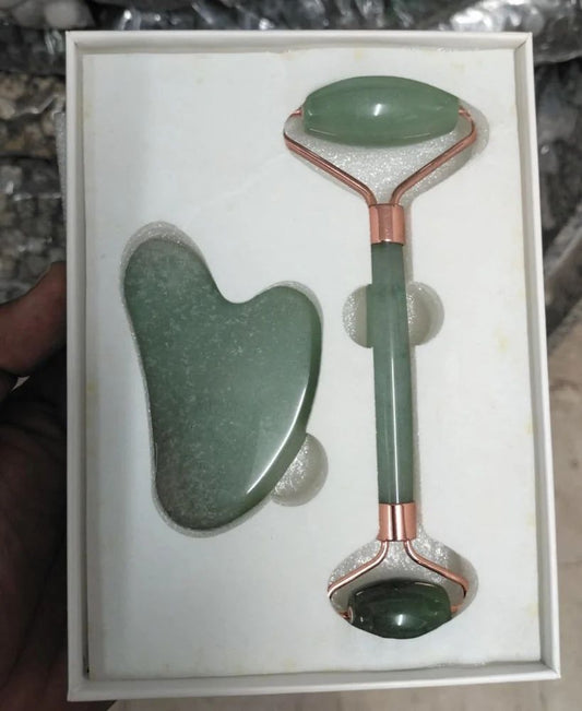 Green stone facial roller and gua sha set in gift box