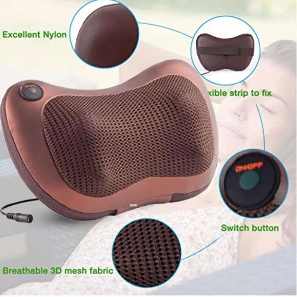 Feature callouts on the brown massage pillow: nylon cover, strap to fix it, ON/OFF switch and breathable 3D mesh fabric