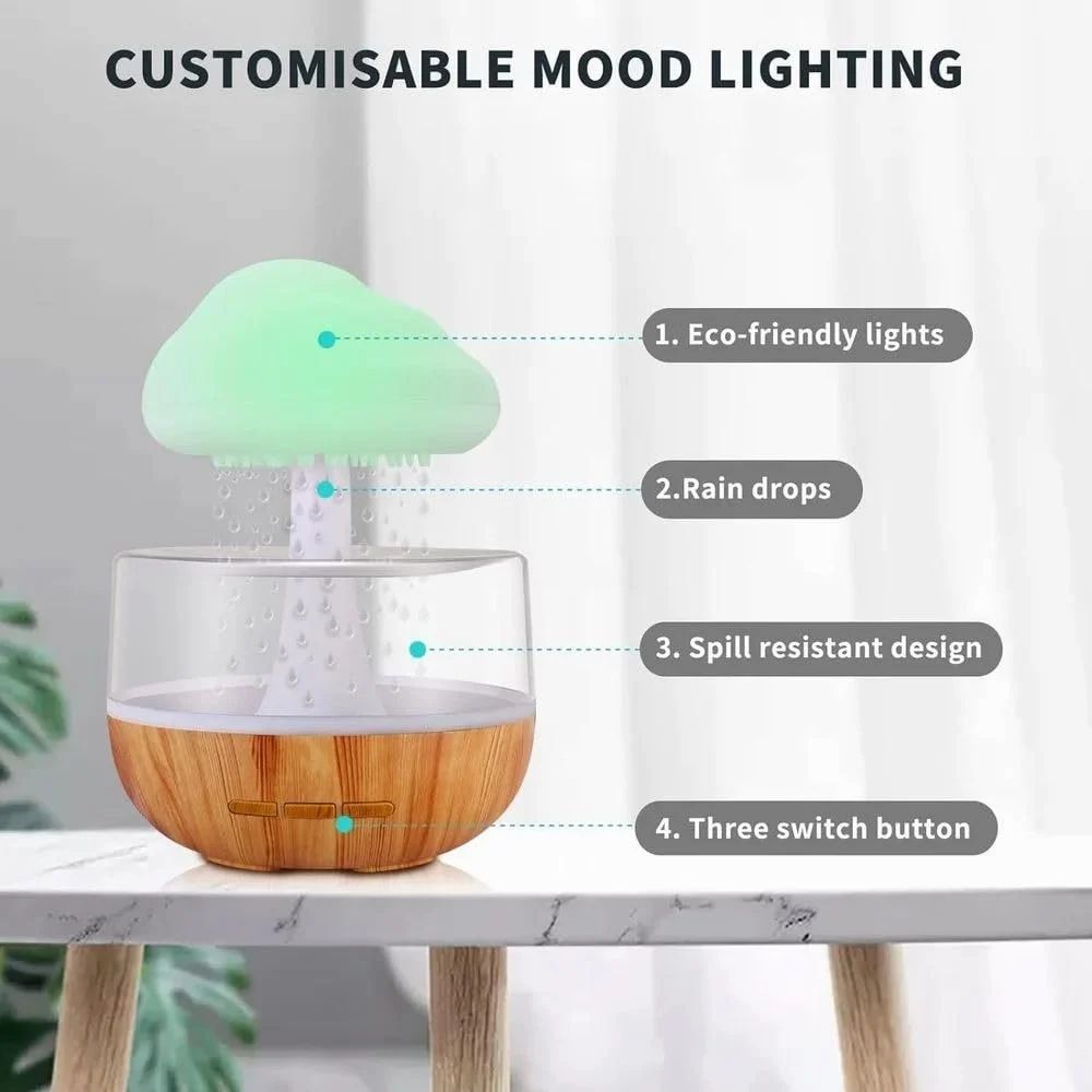 HaloRain cloud humidifier features: light, rain drops, spill-resistant design, switch