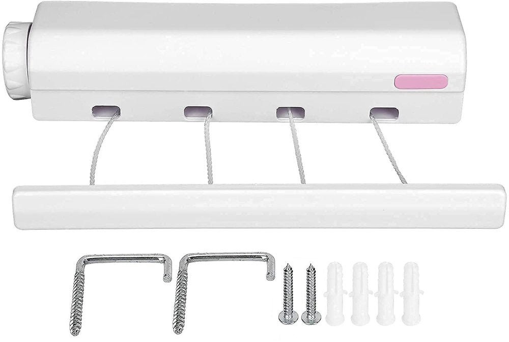 HaloReel housing with four lines extended to the opposite-wall bracket, with screws and wall anchors