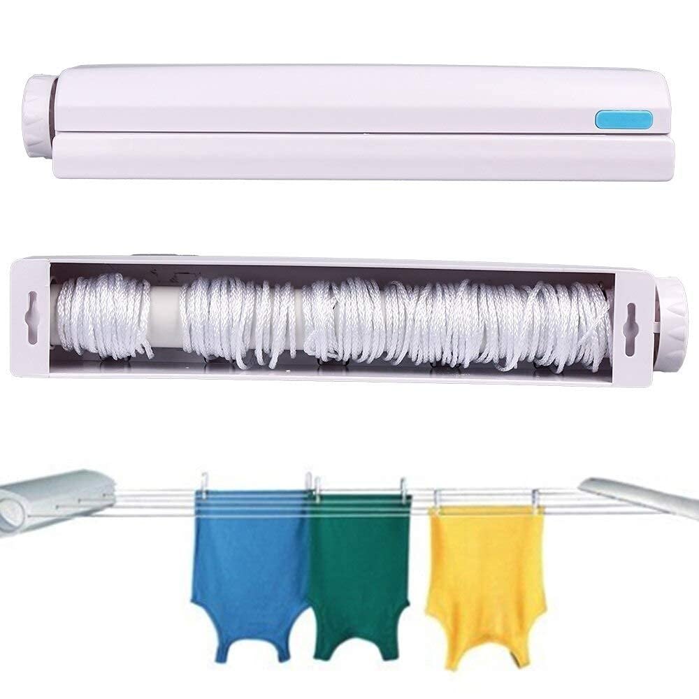HaloReel retractable clothesline housing, the four lines pulled out, and clothes hanging on the lines