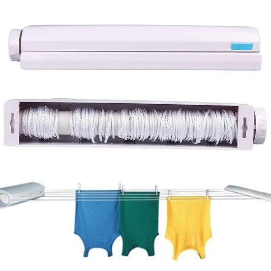 HaloReel retractable clothesline housing, the four lines pulled out, and clothes hanging on the lines
