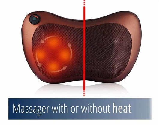 HaloRest massage pillow with its four shiatsu nodes glowing orange, labelled massager with or without heat