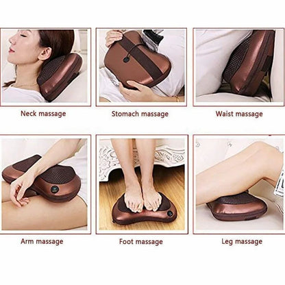 Photo grid of the massage pillow used for neck, stomach, waist, arm, foot and leg massage