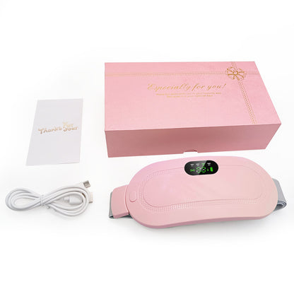 HaloCalm rechargeable heating belt in its pink gift box with USB cable