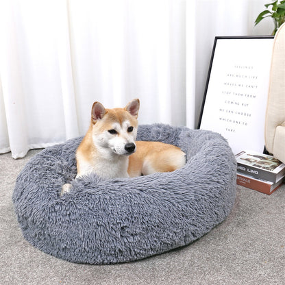HaloNest Calming Donut Dog Bed – Shag Faux Fur, Anti-Slip Base