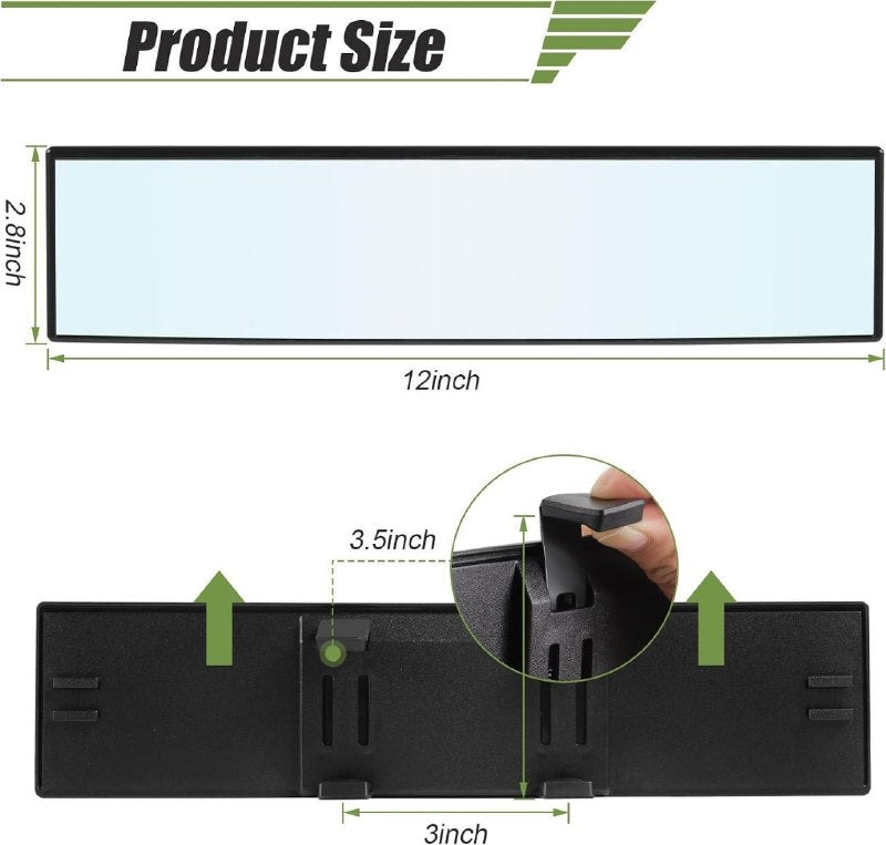 HaloView mirror size 12 x 2.8 inches with adjustable clips