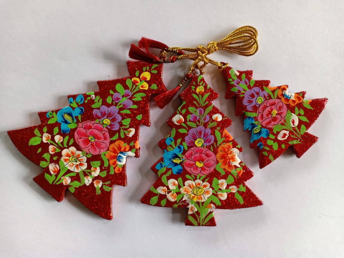 Hand-painted papier-mache Christmas tree ornaments, red with flowers
