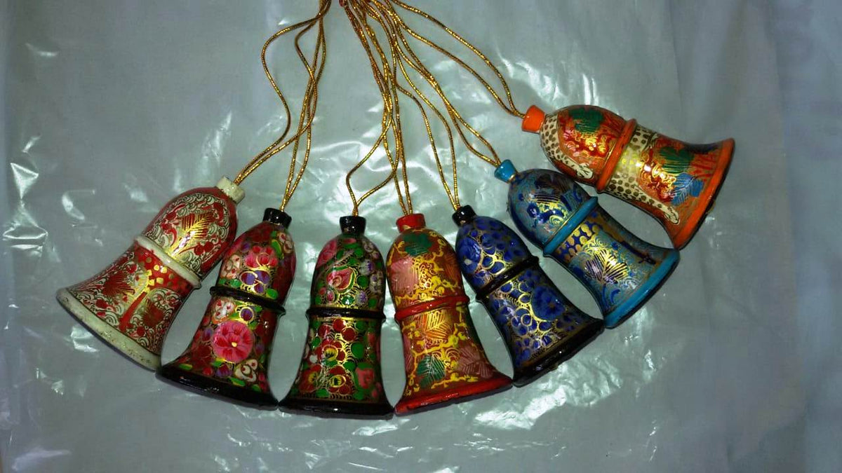 Hand-painted papier-mache bell ornaments with gold hanging cords