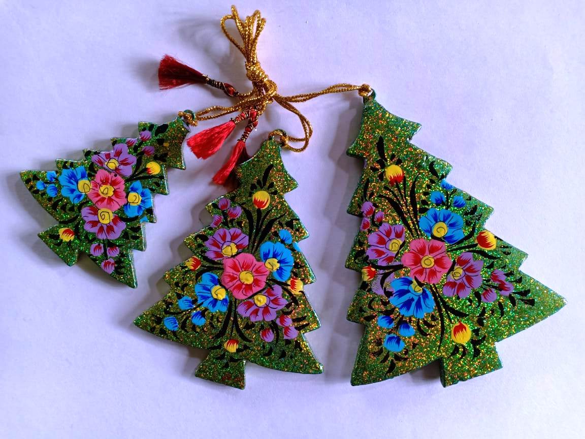 Hand-painted papier-mache Christmas tree ornaments, green with flowers