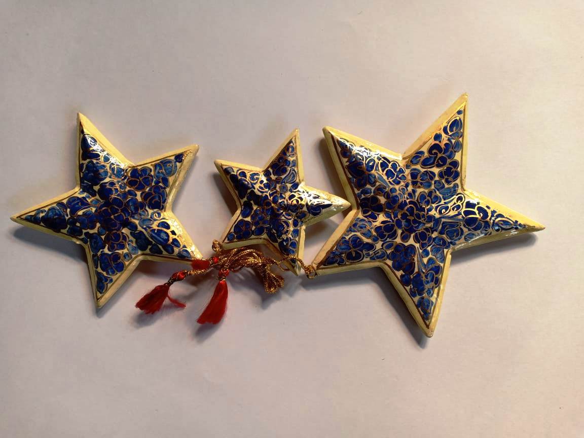 Hand-painted papier-mache star ornaments, blue and white