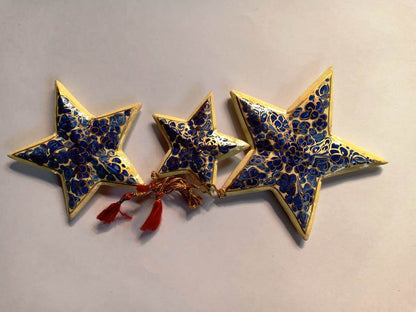 Hand-painted papier-mache star ornaments, blue and white