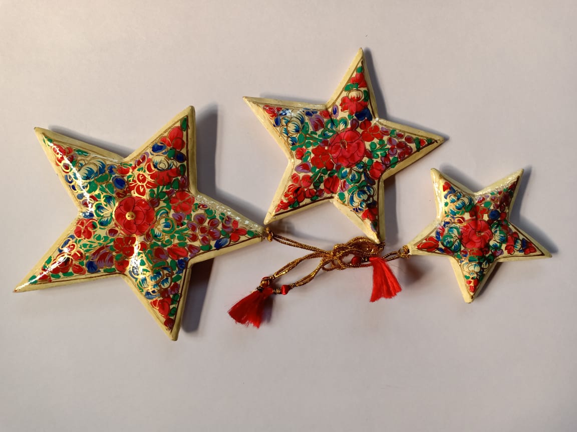 Hand-painted papier-mache star ornaments, red floral