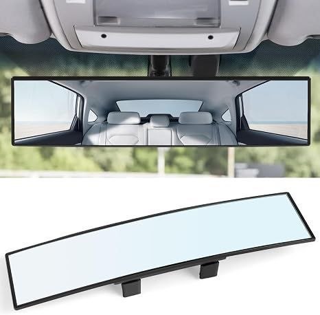 HaloView 12-inch wide-angle rear view mirror clipped on a car's inside mirror