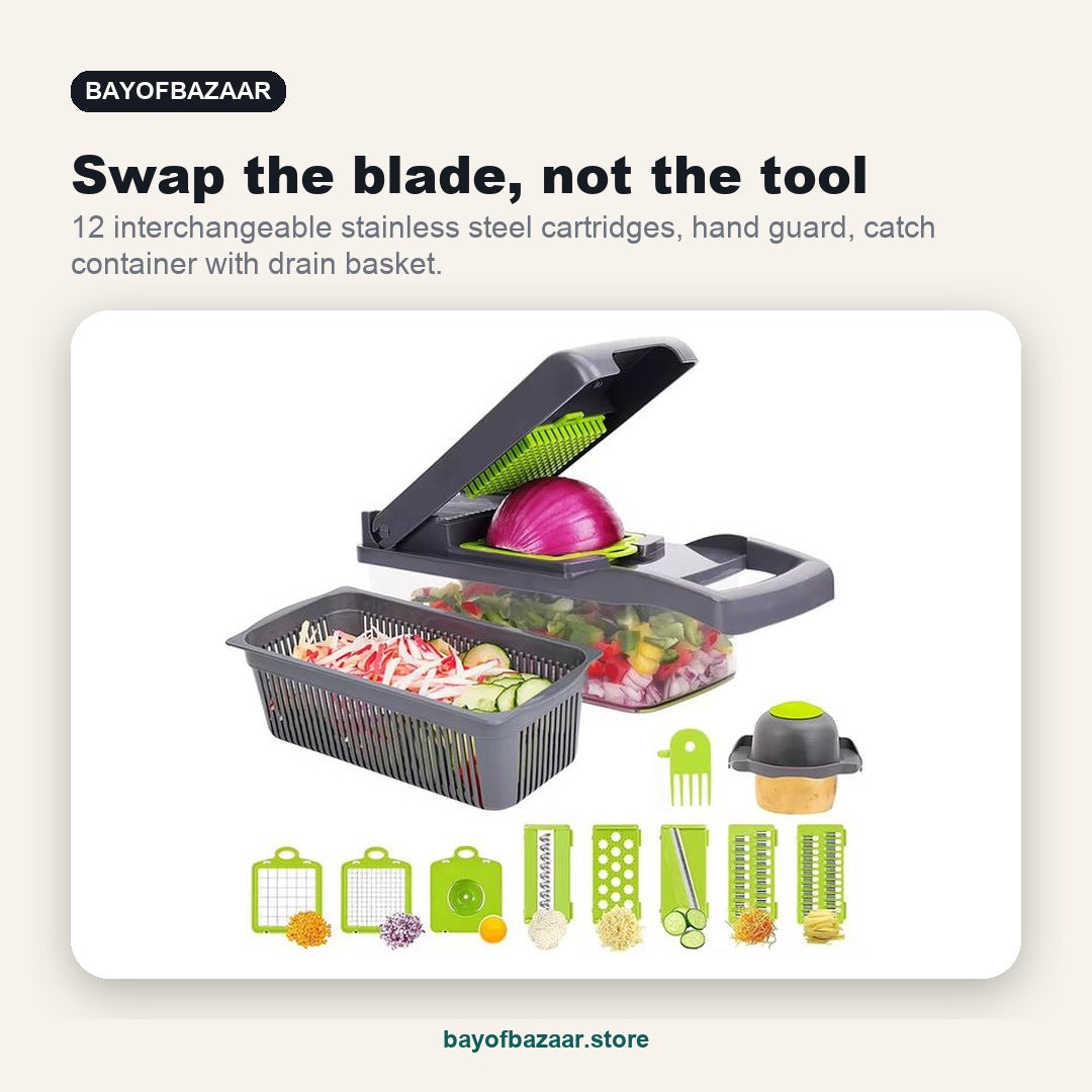 HaloChop: swap the blade, not the tool. 12 interchangeable stainless steel cartridges, hand guard, catch container with drain basket