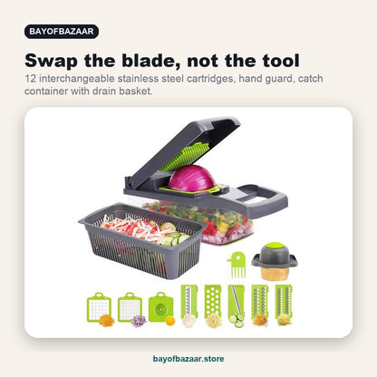 HaloChop: swap the blade, not the tool. 12 interchangeable stainless steel cartridges, hand guard, catch container with drain basket