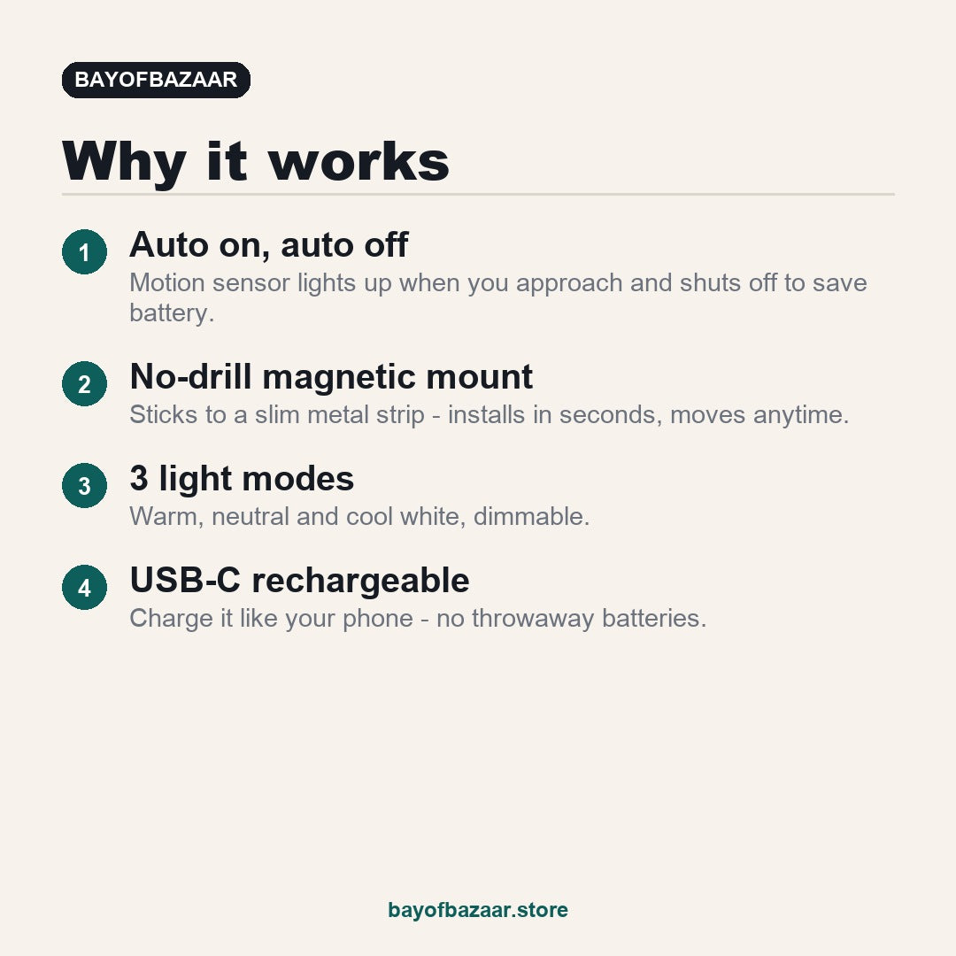 Why HaloSense works: auto on/off motion sensor, no-drill magnetic mount, 3 light modes, USB-C rechargeable