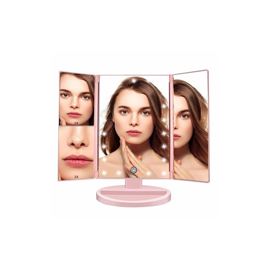 HaloLume Tri-Fold LED Vanity Mirror open with touch-dim lights and magnification panels