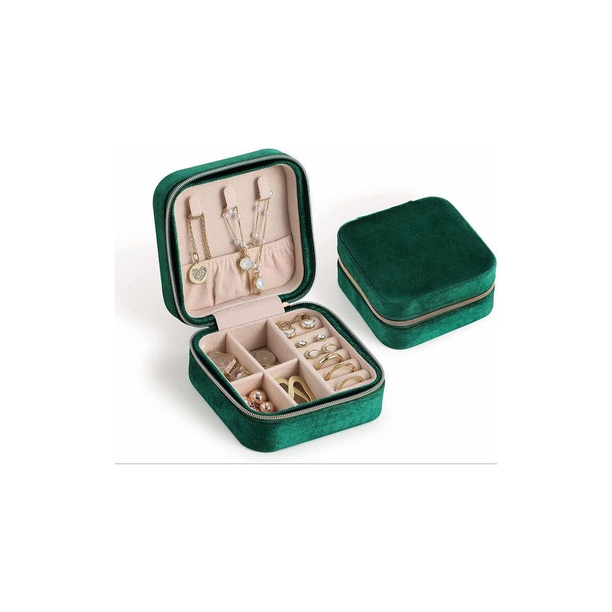 HaloTrove Velvet Jewellery Organizer Box - zip-around with dividers and ring rolls