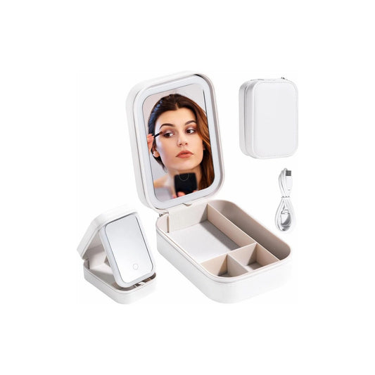 HaloTreasure LED Mirror Jewellery Box - white with lighted mirror lid and compartments