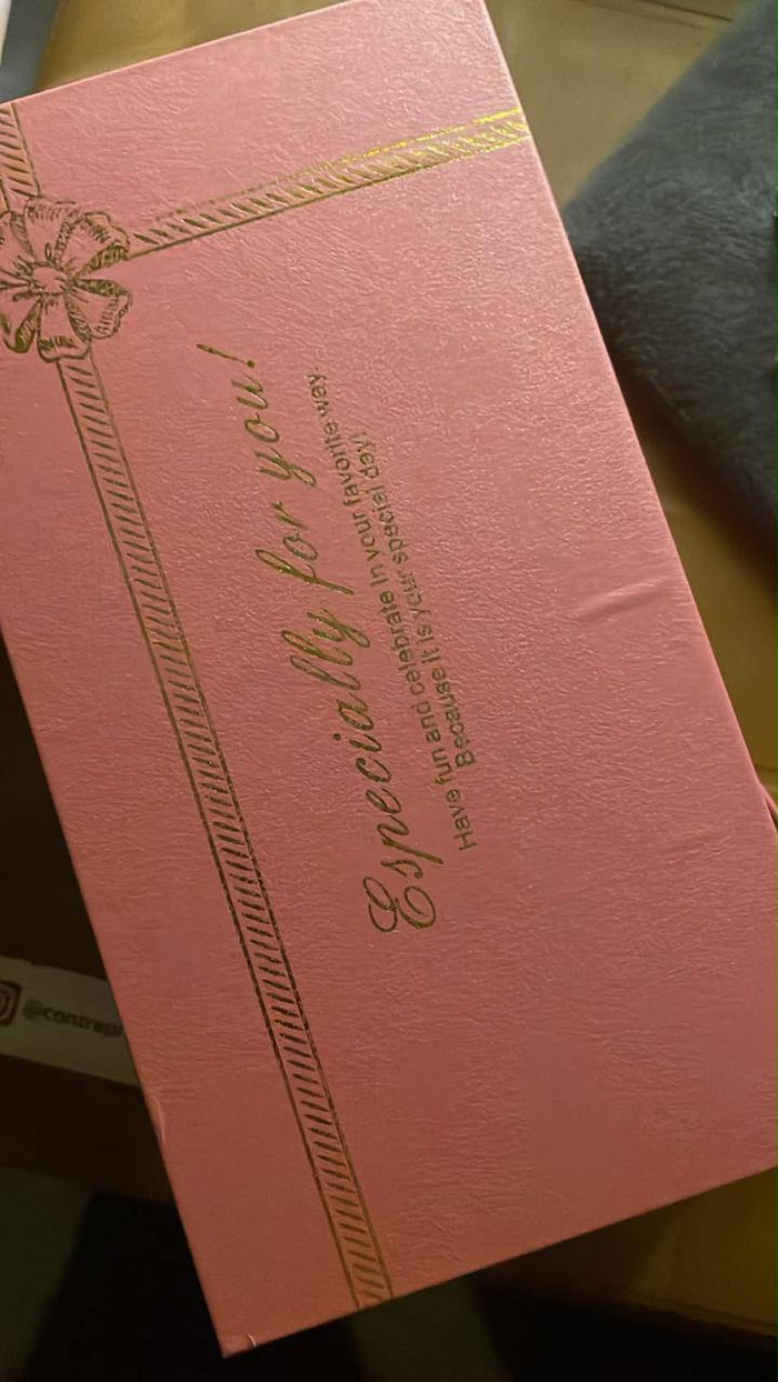 Real photo of the HaloCalm belt's pink gift box, 'Especially for you'