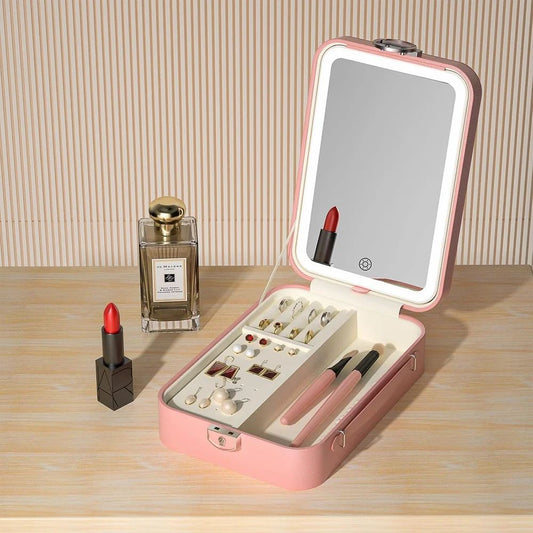 LED mirror jewellery case open with jewellery organizer tray