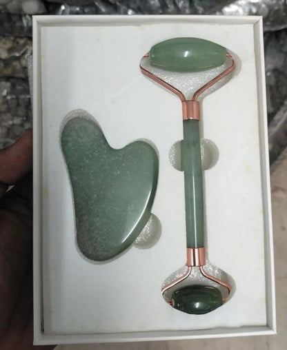 Green stone facial roller and gua sha set in gift box