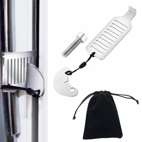 HaloLock portable door lock seated in a door strike plate, with the lock body, bolt and drawstring pouch