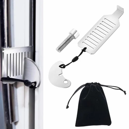 HaloLock portable door lock seated in a door strike plate, with the lock body, bolt and drawstring pouch